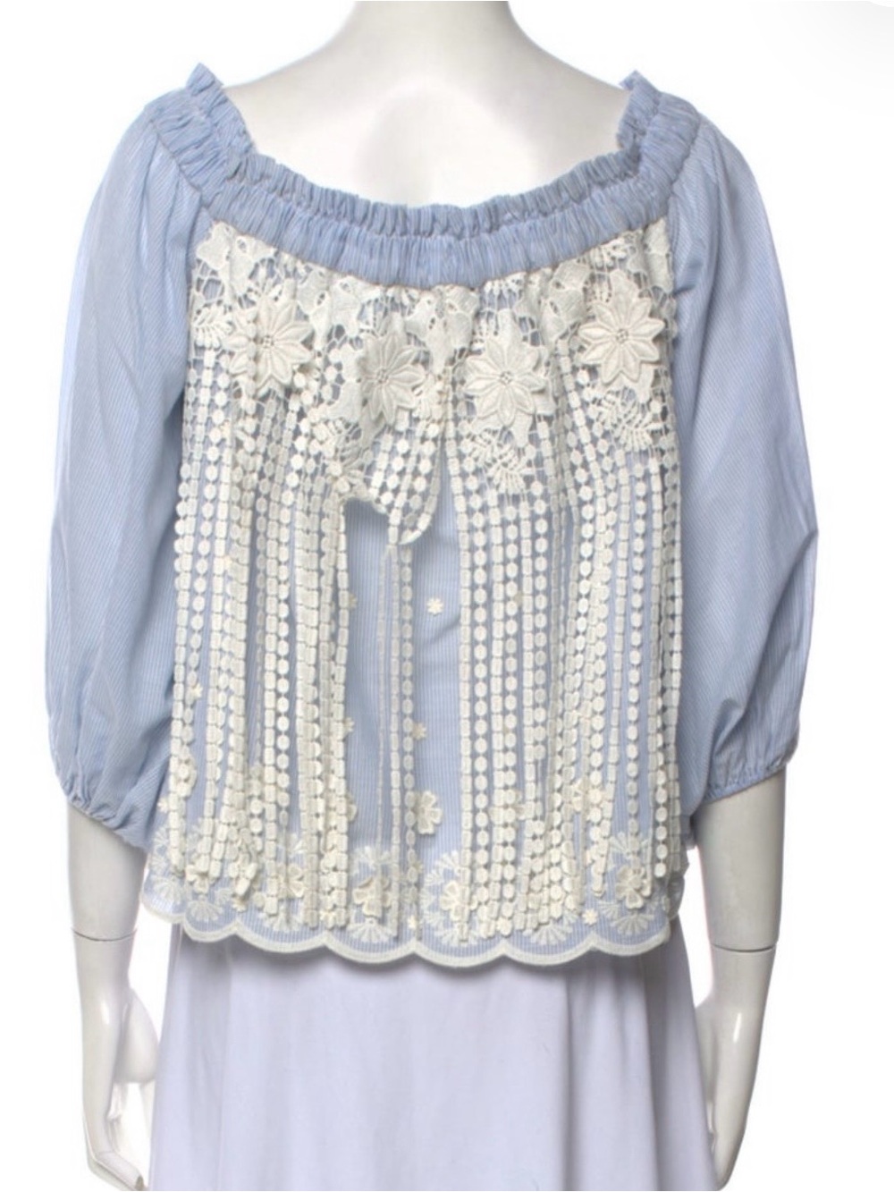 Alexis Light Blue Off-Shoulder Blouse with White Floral Lace